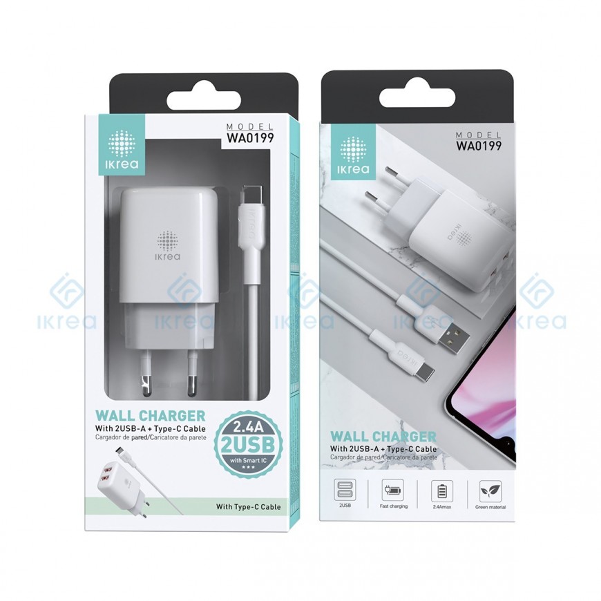 ikrea-wa0199-cargador-2-puertos-con-smart-ic-con-cable-type-c-24a